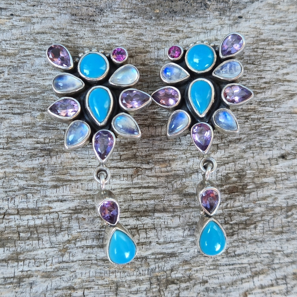 Nicky Butler 925 Sterling Silver Clip-on Turquoise Moonstone Amethyst Earrings - Picture 14 of 15